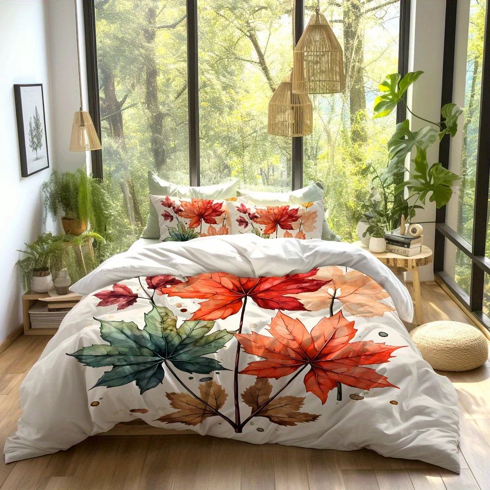 Fashion Maple Leaf Pattern Digital Printed Bedding Set, Colorful Designed Quilt Cover and Pillowcases, Light Beige Comfortable