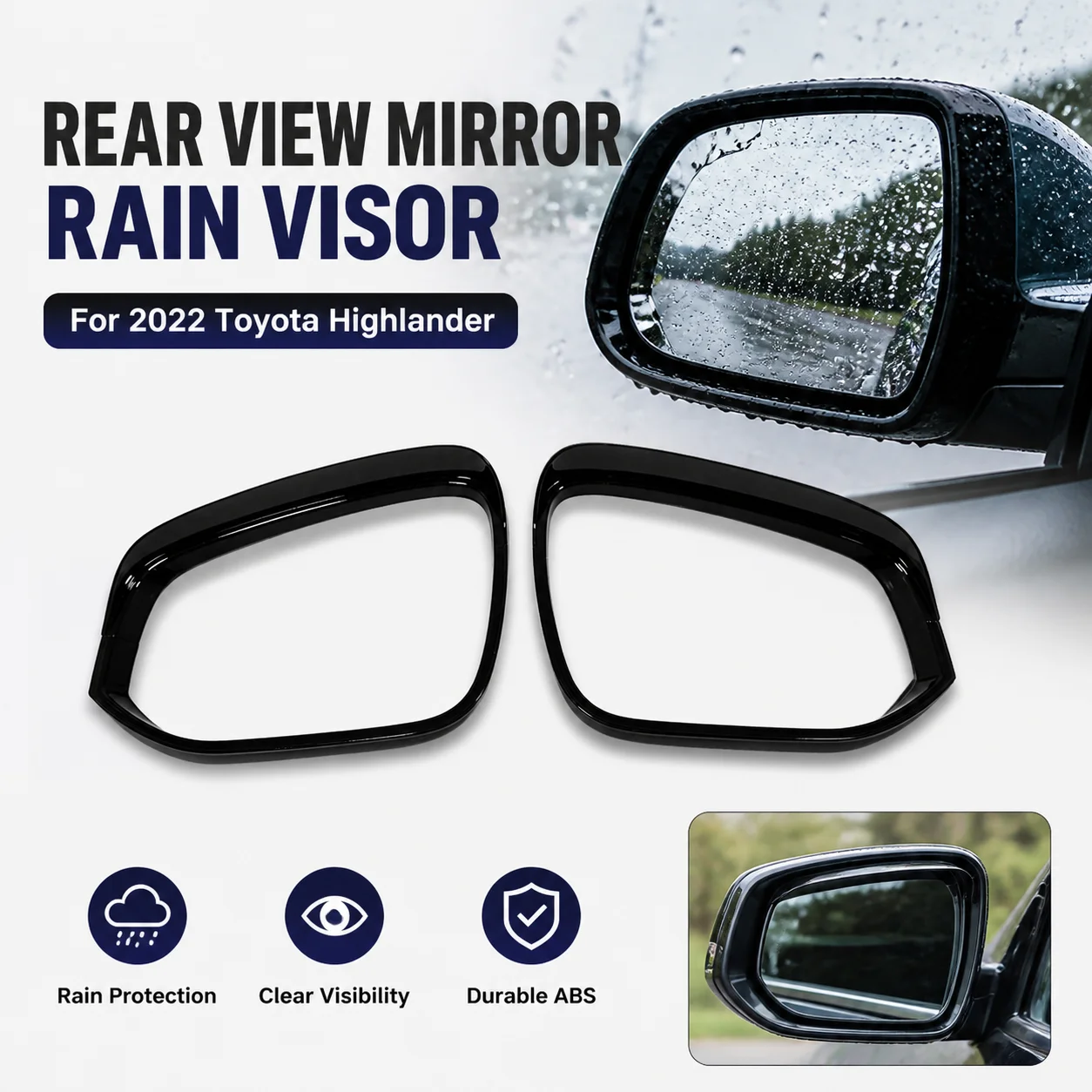 2PCS Rear View Mirror Rain Visor for 2022 Toyota Highlander Chrome Glossy Black