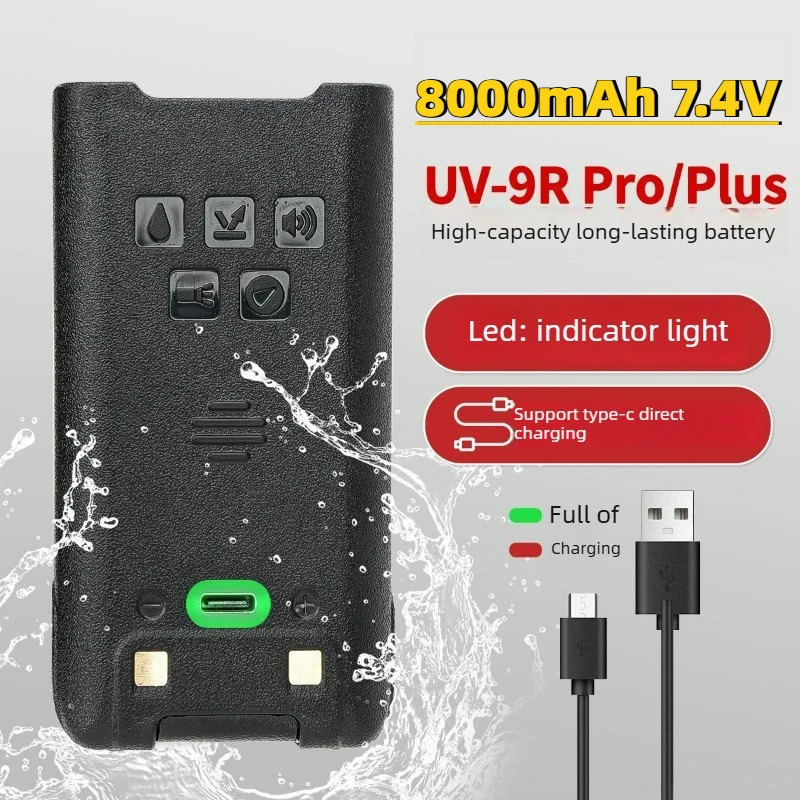 Hot Sale BL-9 8000mAh 7.4V Li-ion Walkie Talkie Battery For Baofeng UV-9R Pro/Plus UV-XR IP68 Waterproof Support Type-C Charge