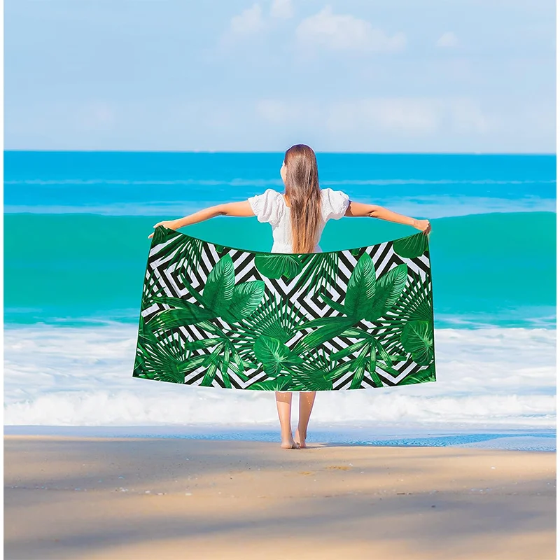 Beach Towel Tropical Leaves And Geometric Print Pattern Sun Protection Windproof Suitable For Pool Camping Travel Blanket