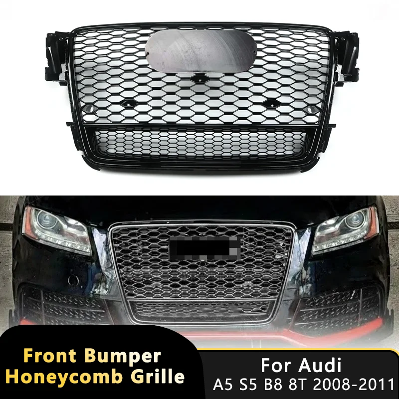 Image of Für A5 S5 B8 8T 2008-2011 RS5 Style Auto Frontstoßstangengrill Racing Grills Upgrade Glanzschwarz Quattro Wabengitter Zubehör