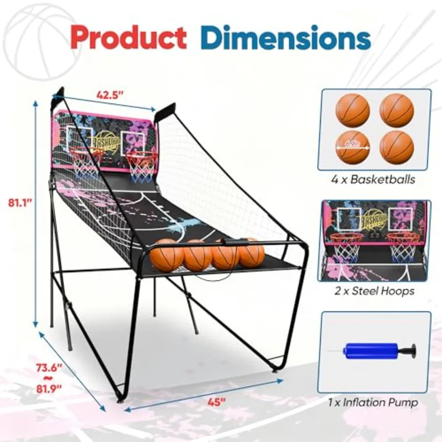 Indoor foldable 2-player electronic basketball arcade game with dual LED scoreboard, black and red plastic, 81.1in height, 8 ga - view 2