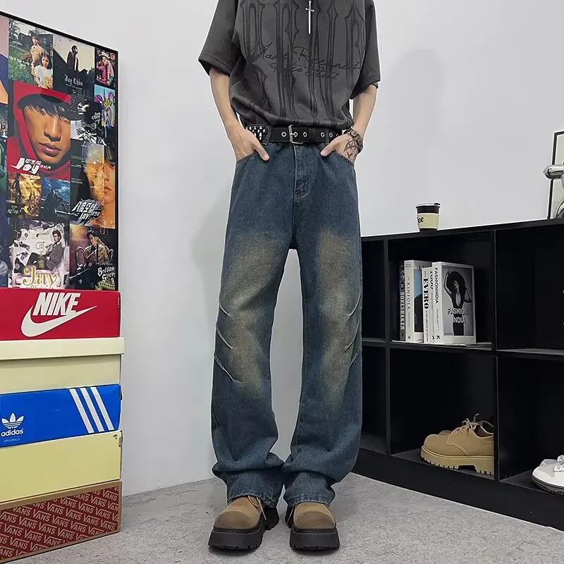 

Vintage Distressed Jeans Men's Spring Autumn New American Style Loose Micro Bell Bottom Jeans Washed Casual Straight Long Pants