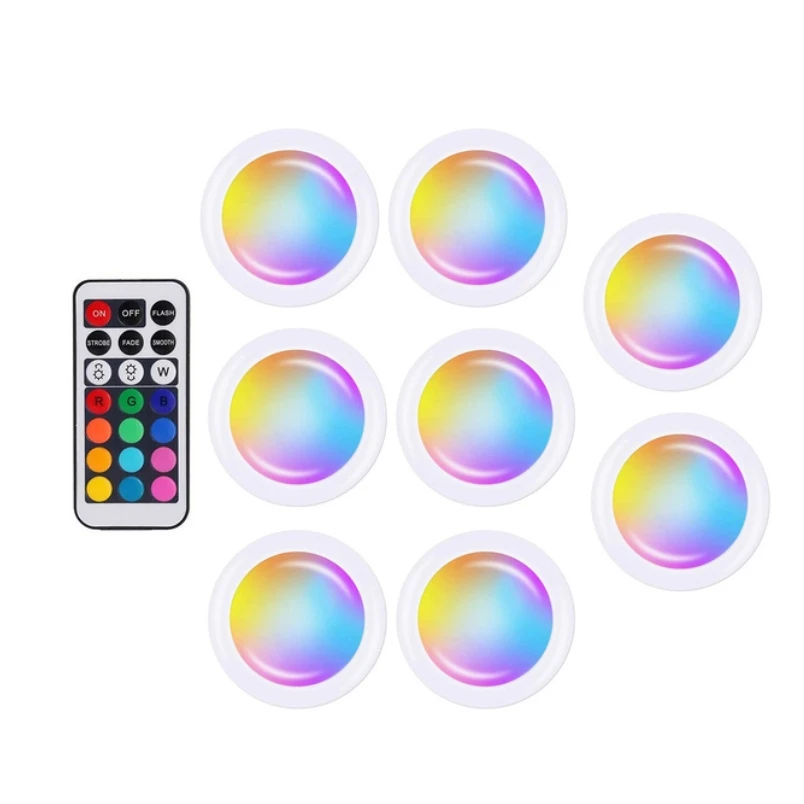 LED Cabinet Light RGB Puck Lamp Remote Control Battery Powered Dimmable Kitchen Under Cabinet Closet Light Nightlight Multicolor