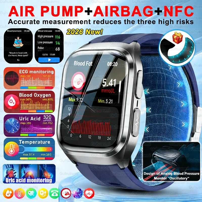 

2026New Air Pump Airbag Smartwatch Precise Blood Pressure Heart Rate Temperature Uric Acid ECG Monitor 24h Health Care NFC Watch