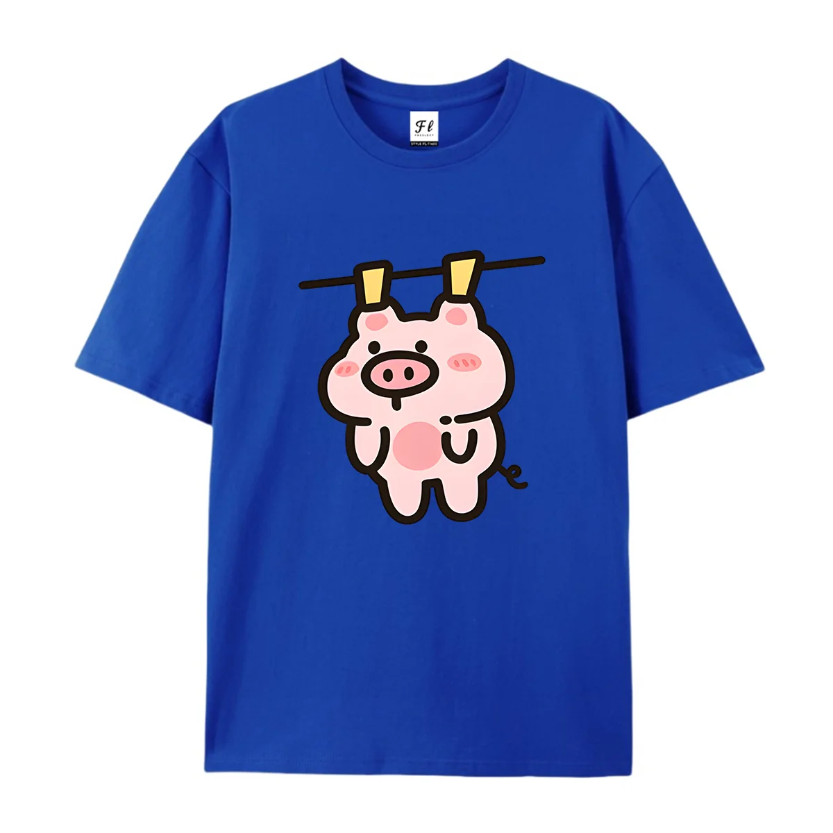 Cute Cartoon Pig Hanging On Clothesline Graphic T Shirt Unisex Casual Short Sleeve Tee Lovely Pink Pig With Clothespins Print