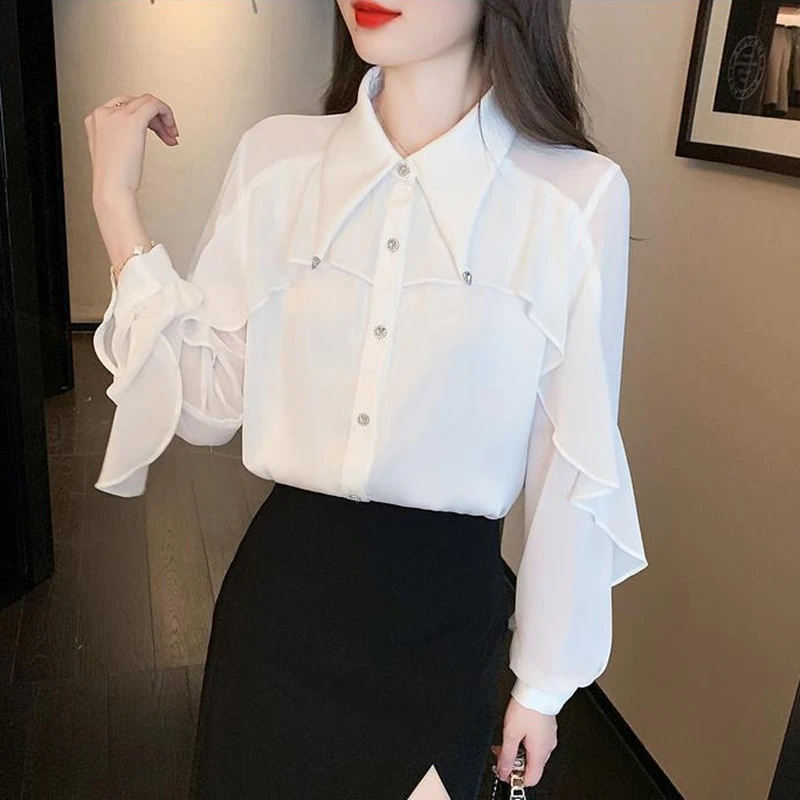Chemises blanches à volants élégantes pour femmes, vêtements coréens à manches longues Y2k, hauts décontractés pour dames, chemisiers de bureau en mousseline de soie surdimensionnés, 2025
