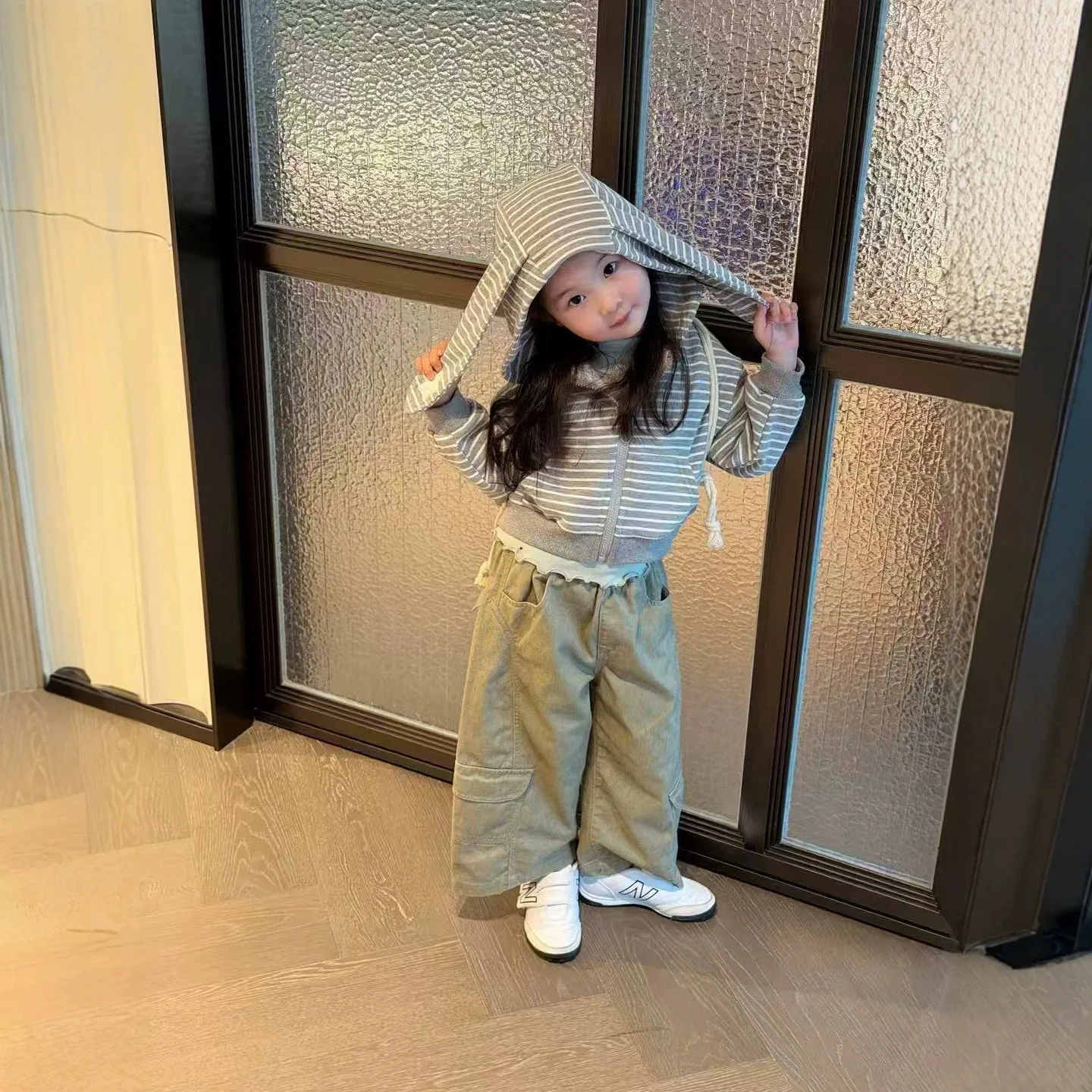 Girls Hoodie Jacket Autumn Collection New 2026 Childrens Striped Cute Ear Hooded Baseball Jacket Zipper Cardigan
