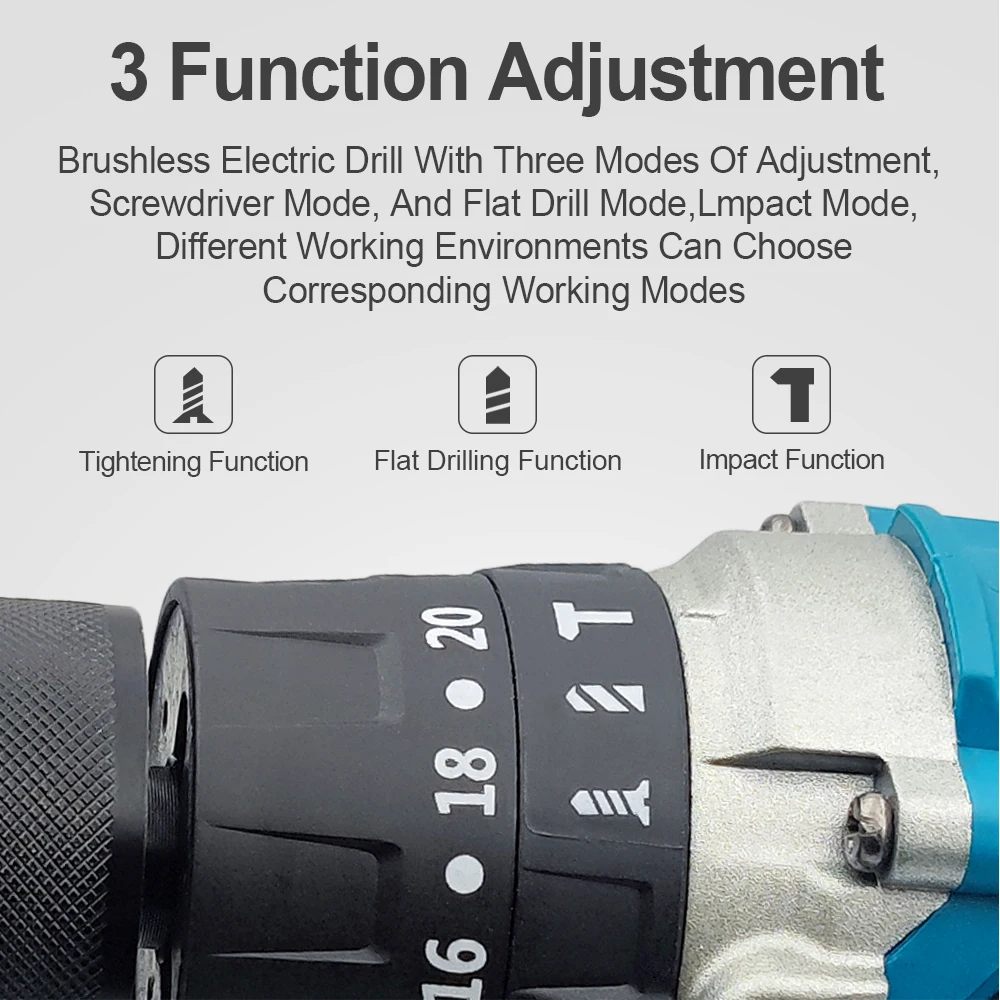 13mm Brushless Electric Drill 2 Speed Hammer Cordless Screwdriver 20+3 Torque Impact Drill Tools for Makita 18V Battery