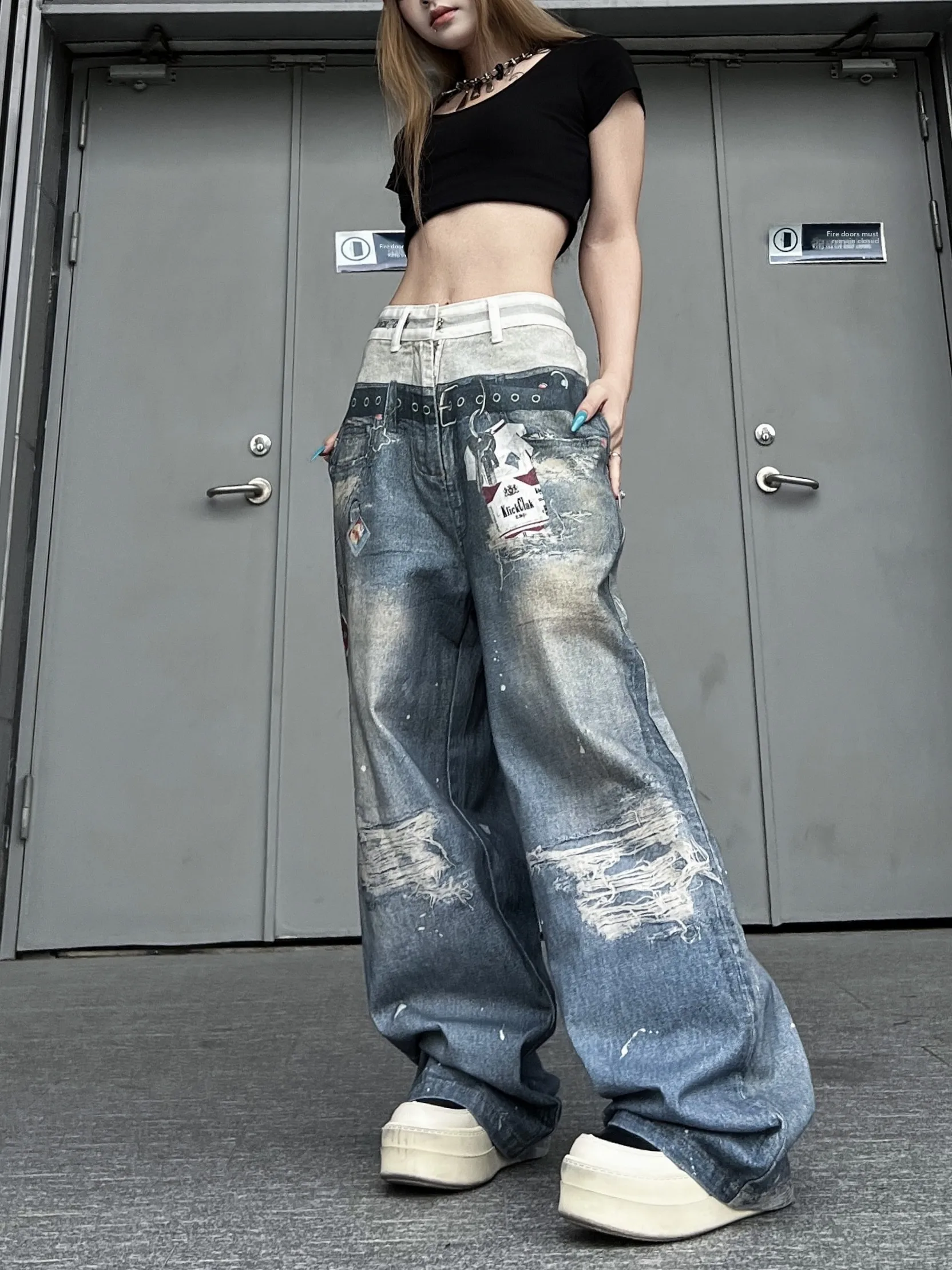 

American Sle Double Head Waist Jeans Digital Printing Waed Outdated Wide Leg Long Pants Casual Loose Fit All Seasons