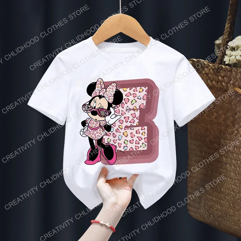 Minnie Children\'s T-Shirt Letter ABCDE Combination Summer Disney Clothes Kawaii Anime Cartoons Kids Boy Girl T Shirts Casual Top