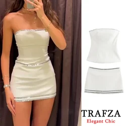 TRAFZA Luxury Dimond Top+Shorts Skirts Set Women's Short Wrap Top with Shorts Skirts New 2024 Summer Fasion Women Skirt Set