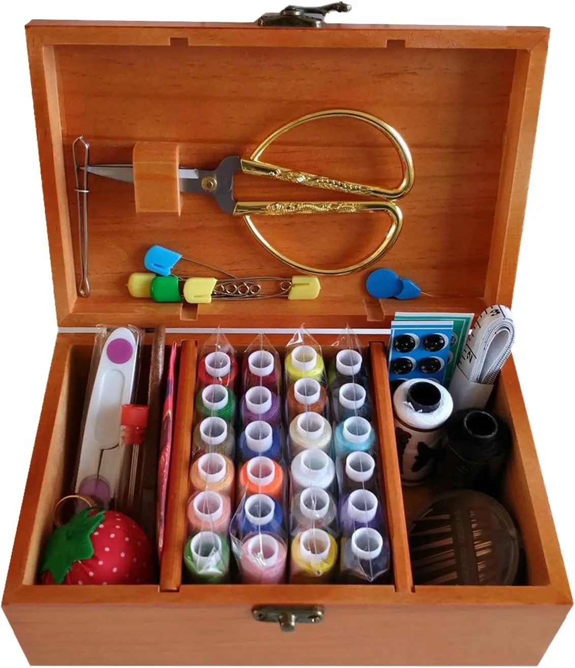 

Wooden Sewing Basket with Accessories Kit, Portable Storage Box for Craft Supplies