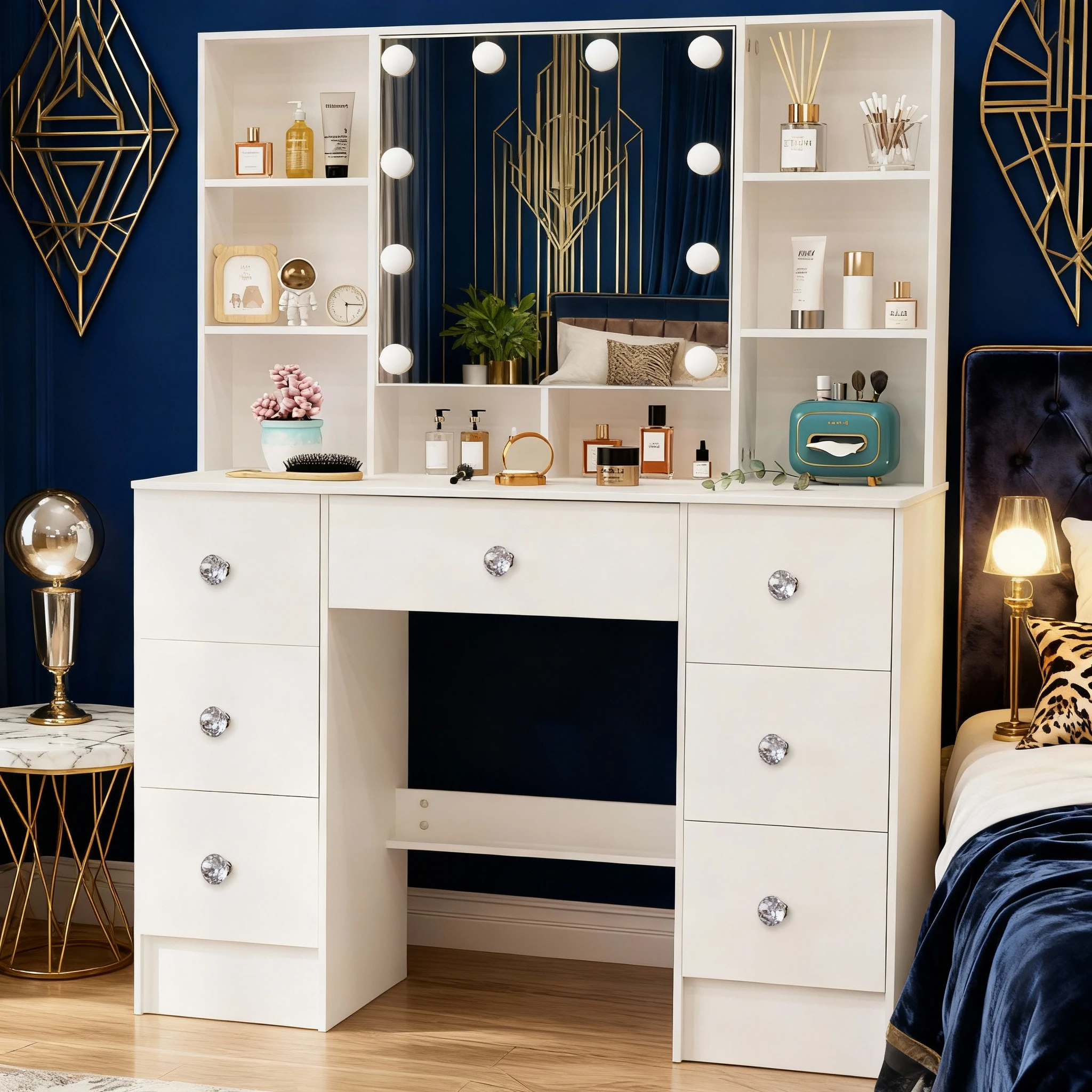 طاولة مكياج بمرآة تزيين LED مع مجموعة وحدة تزيين لغرفة النوم باللون الأبيض مكونة من 7 أدراج #5