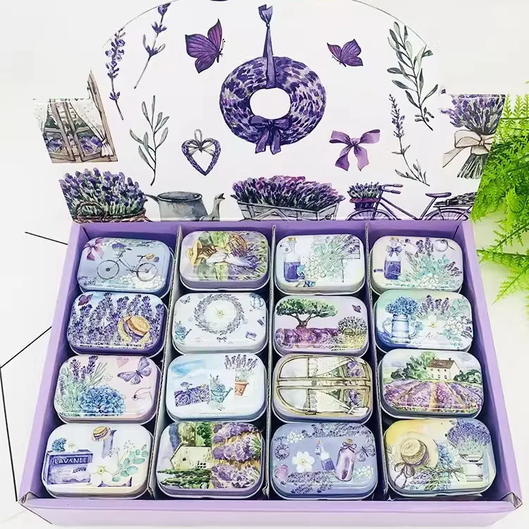 32Pcs(1 Box)  New Lavender Flower DIY Mini Cover Iron Tin Earphone Ring Metal Case / Can/Pill Cute Small Kit/Candy Storage Gift