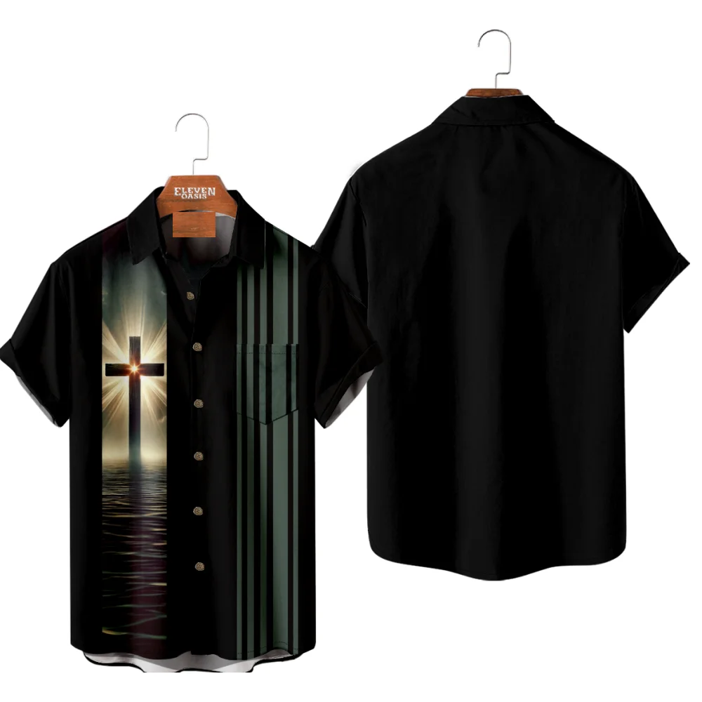 

Мужская повседневная рубашка с крестообразным узором, христианский дизайн, 3D принт Y2K Hombre, модная летняя черная рубашка