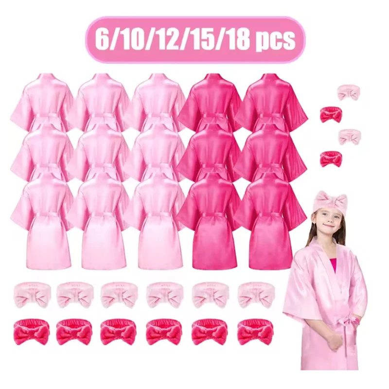 6-18 قطعة رداء حفلات السبا للفتيات الاطفال عيد ميلاد كيمونو الساتان رداء النوم حفلة النوم منامة رداء حفلات الوردي حفلة الحسنات