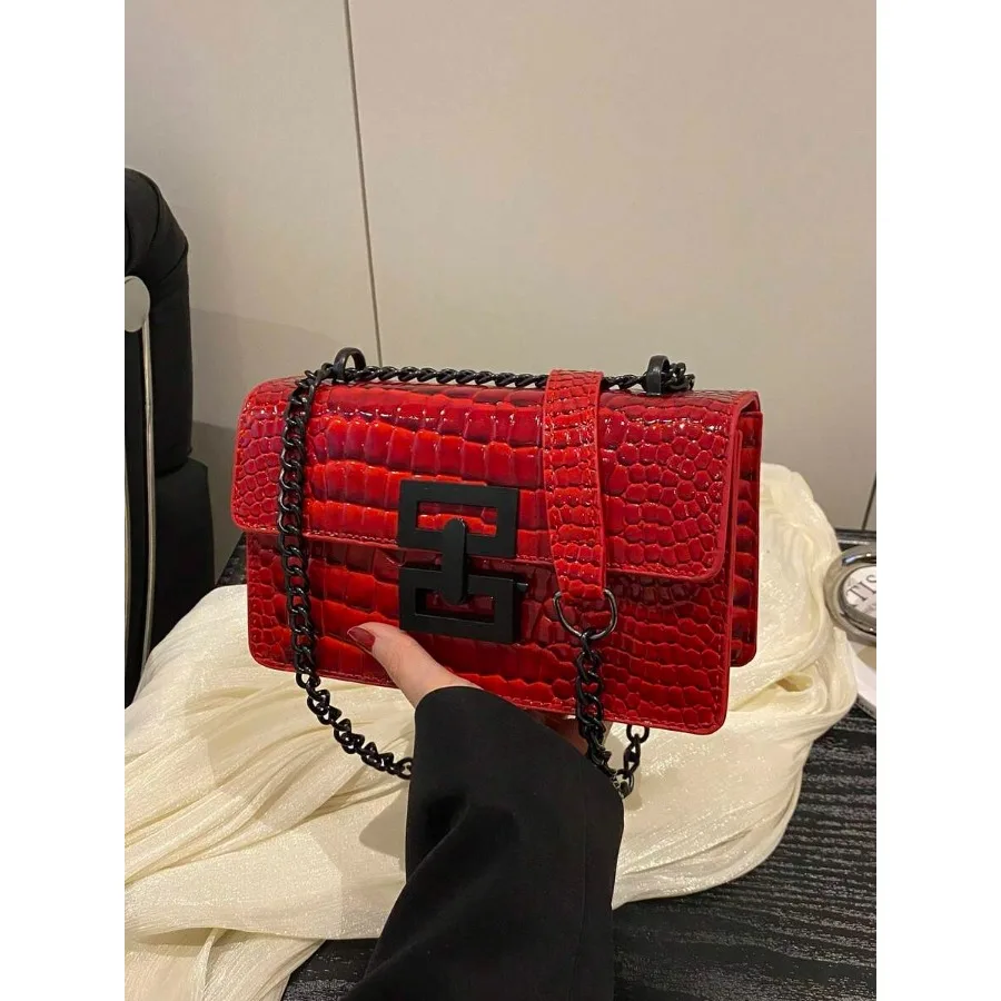A Mini Fashion Women's Retro Shoulder Bag, Metal Chain Lightweight Crossbody Bag PU, Alligator Bag, Suitable For Women's Daily