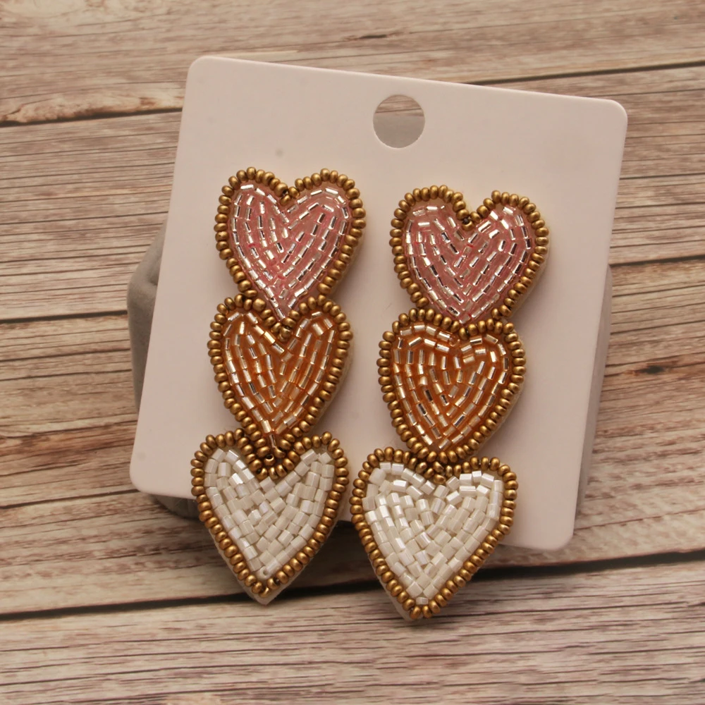 3 Ombre Hearts Valentine Beaded Stud Earrings - Red White and Pink Valentines Earrings for Women Statement Dangle Ear Accessoire