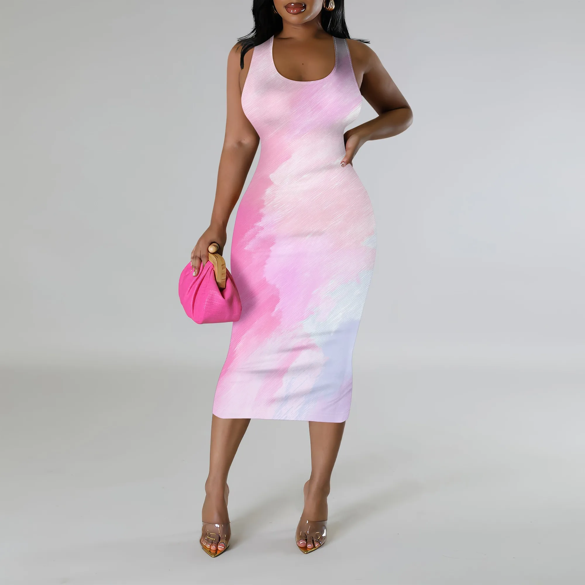 

SheFirstStyle Ombre Pink Tie Dye Bodycon Dress for Women Summer Sexy Sleeveless Tank Dress Plus Size Polyester
