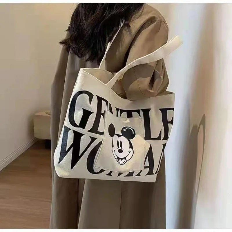 Anime Mickey Mouse Letter Canvas Tote Bag Disney Fashion Portable Shopping Bag for Women Cute Minnie Shoulder Bags Birthday Gift