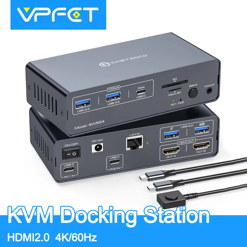 

Док-станция USBC KVM HDMI 4K60HZ Компьютерный монитор Поддержка USB-C 10 Гбит/с 12 В 1,5 А А Адаптер питания Общая мышь и клавиатура
