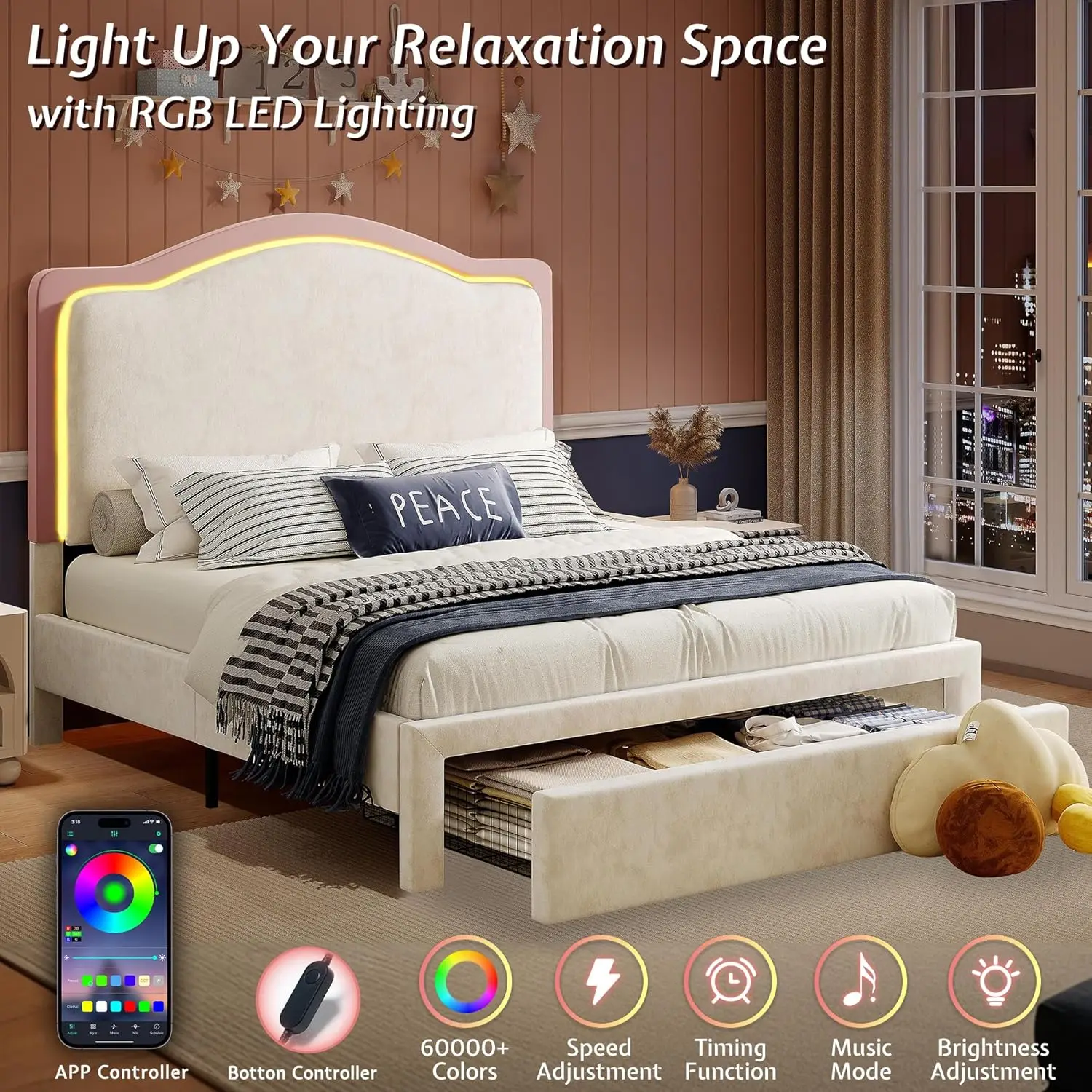 Twin Upholstered Platform Bed with Storage Drawers 51" Adjustable Velvet Headboard RGB LED Lights No Box Spring Girls Room Cream image 5