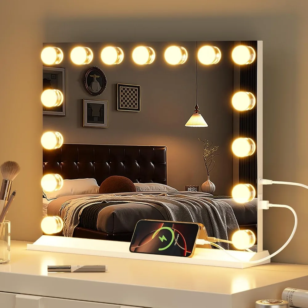 

LED Vanity Mirror with Adjustable Lights, USB/Type-C Charging, 5X Magnifier for Tabletop or Wall Mount