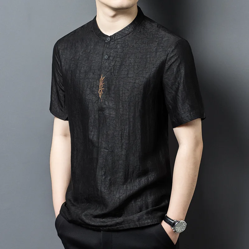 

High Quality Real Silk New Stand Collar Shirt Middle-Aged Chinese Fragrant Cloud Yarn Crack Thin Short Sleeve