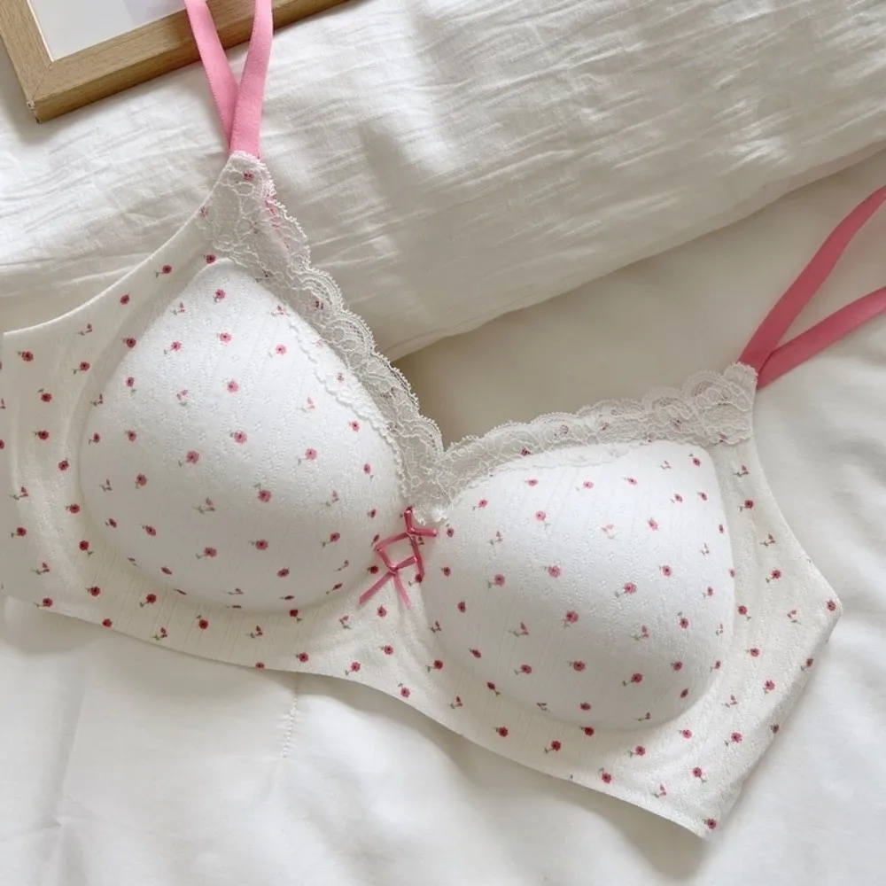 Traceless Lace Wireless V Bra Flower Bow Dots Pattern Brassiere for Women Anti-sagging Gathered Breasts Lace Floral Print Bra