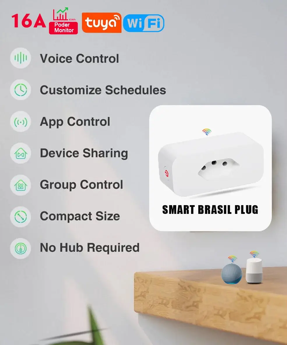 Tuya 16A Brazil Standard WiFi Smart Plug with Power Monitor Smart Life APP Smart Socket Voice Work for Google Home Alexa