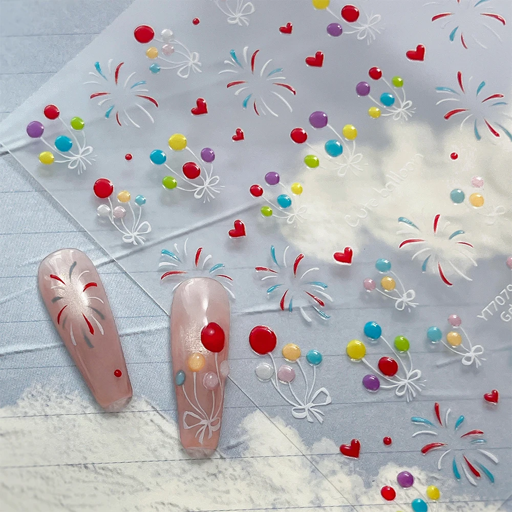 5D Colorful Balloon & Firework Nail Stickers Cute Cartoon Hearts Bow Jelly Finish Nail Decals Festival Party Manicure Decoration
