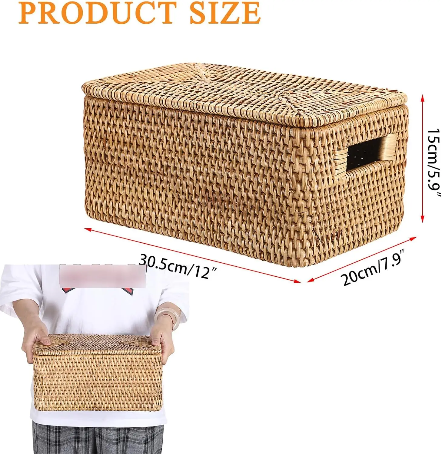سلة الروطان مع غطاء سلة مستطيلة بغطاء سلة التخزين الخوص الطبيعية المنسوجة يدويا لتنظيم الرف نزهة