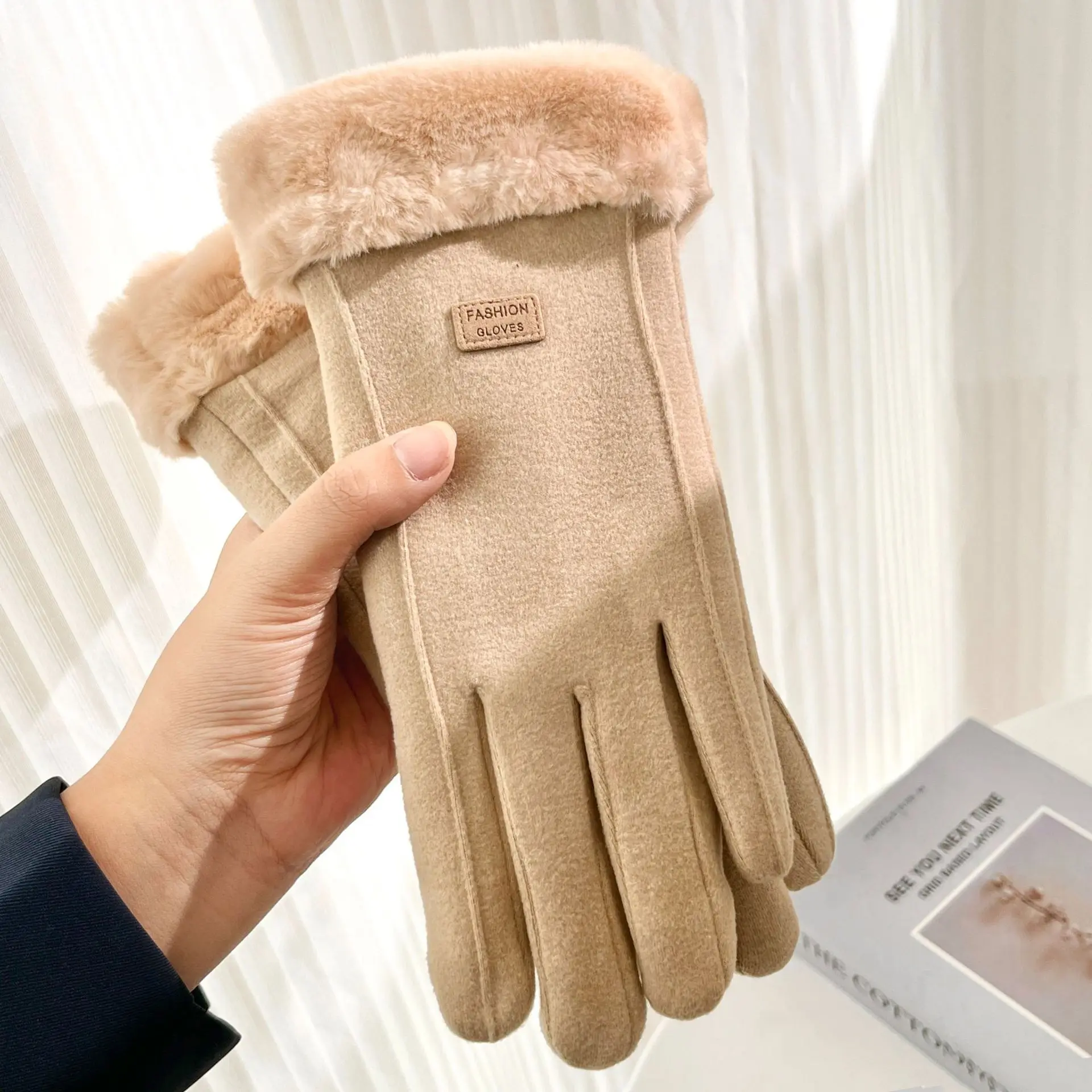 Gants d\'hiver en cachemire pour femmes, mitaines de cyclisme en cuir suédé chaud, optique féminine, velours peluche, gants de conduite à écran