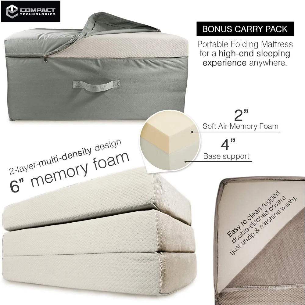 Portable Mattress - Folding Memory Foam Guest Fold Up Bed W/Case | Tri-Fold (6 Inch) Travel Away Floor, Futon & Camp Cot Topper