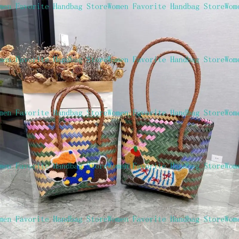 

652F Retro Dachshund Dog Pattern Handbag Multi Color Woven Design Large Capacity Commuters Bag For Women