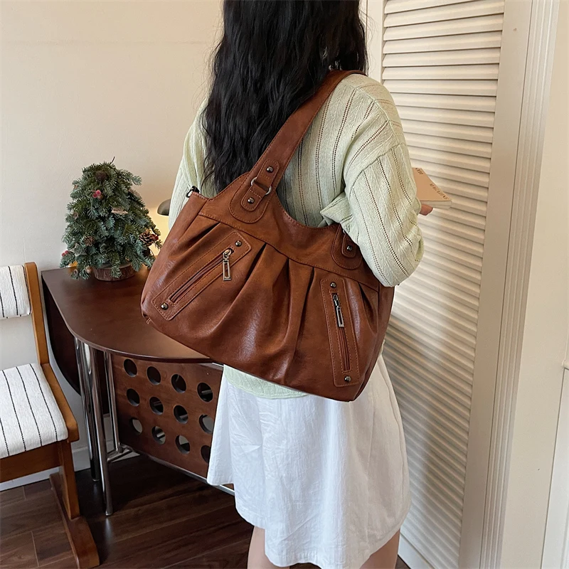 Vintage PU-Leder Tragetasche für Damen, Große Kapazität, Casual Tragetasche, Damen Schulter- und Umhängetasche für Arbeit, Reisen und den täglichen Gebrauch – Detail 6