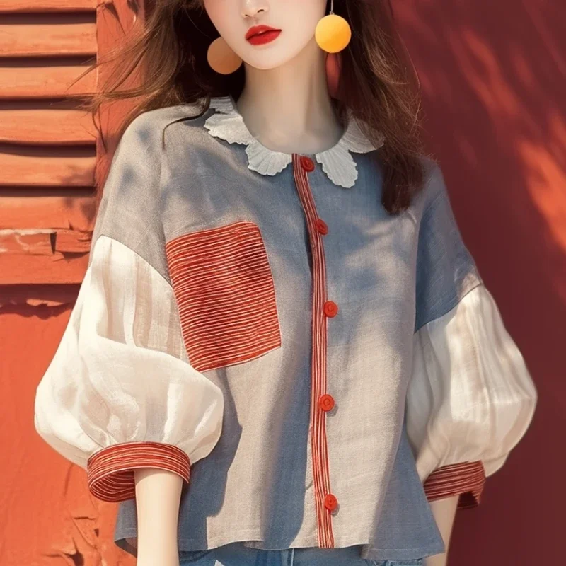 Chiffon Vintage frauen Hemd Sommer Neue Patchwork Koreanische Kleidung Verkäufe Lose Kurzen Ärmeln Tops Oansatz Frauen Blusen