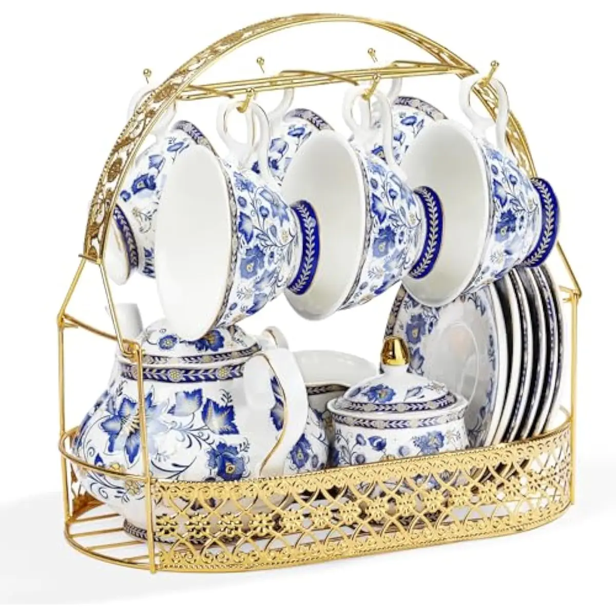 Porcelain Tea Service for Six People Featuring Vintage-Inspired Cups Saucers Spoons Teapot Sugar Bowl Creamer and Gilded Metal S