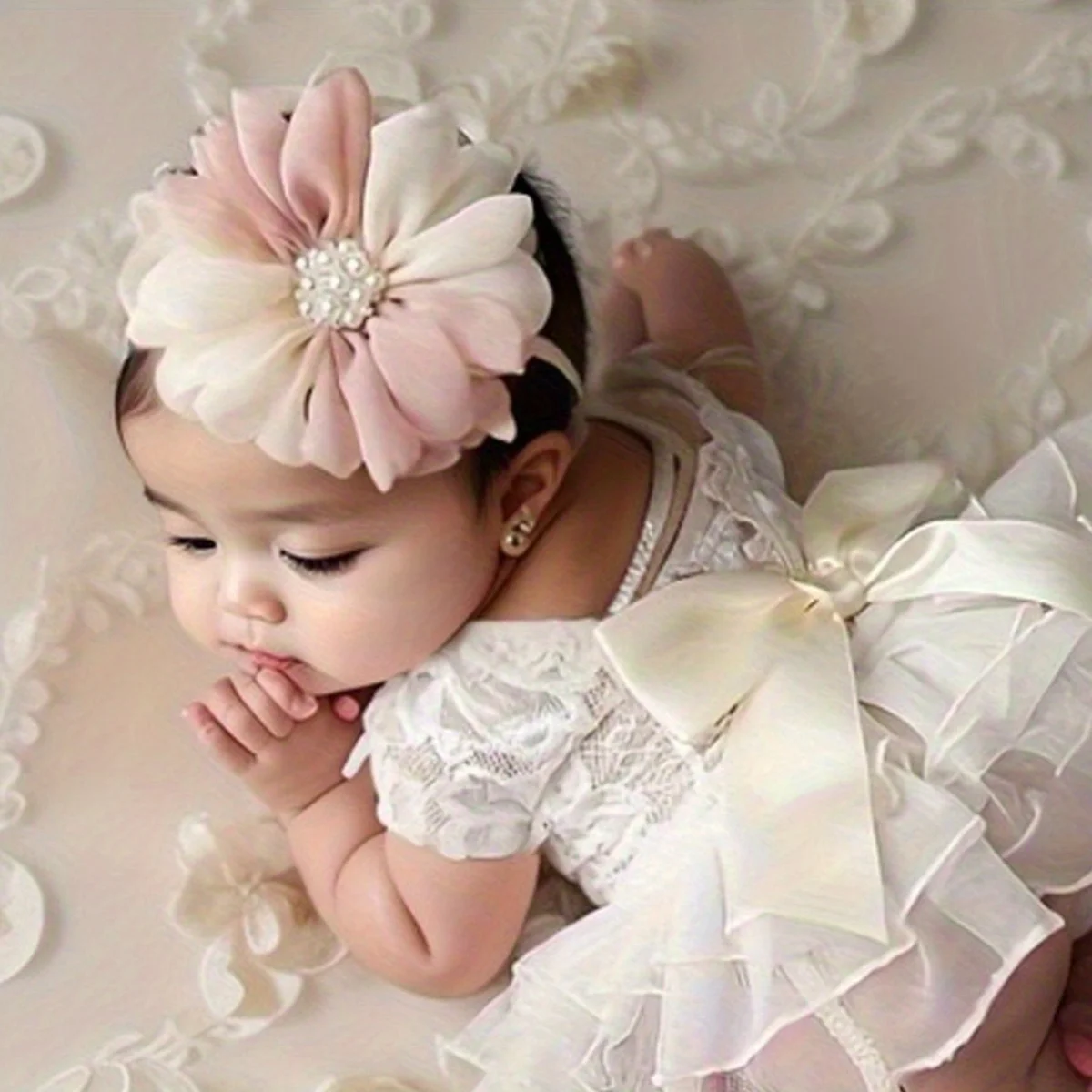 

2 Pcs/Set Cute Floral Pom Pom Dress and Bow Set - Infant 0-3 Months Baby Cute Photography Outfits, Perfect Holiday Gift Ideas