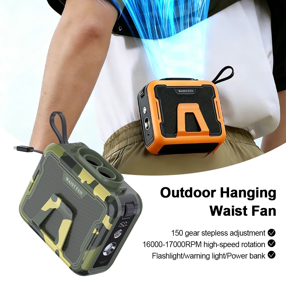 6000mAh Portable Wearable Waist Fan Dual Turbine Cooling Fan 150 Levels Stepless Speed for Outdoor Travel Home Camping