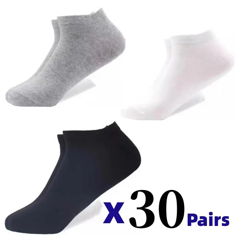 60Pcs/Lot=30Pairs Men's Socks Breathable Business Socks Black Boat Socks Casual Comfortable Solid Color Men's Ankle WhiteSocks