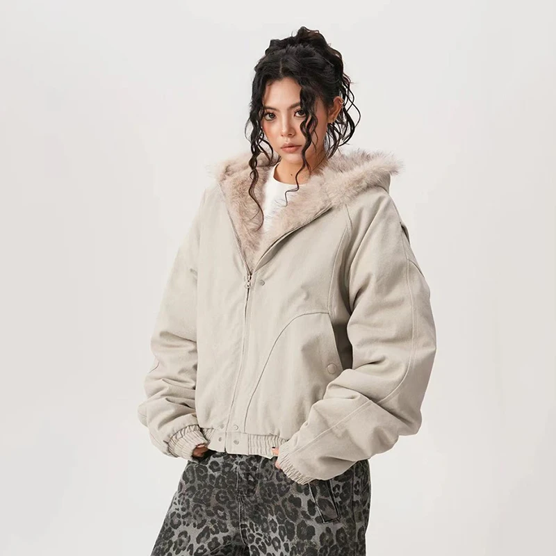 Winter Warme Kunstpelz Jacke Frauen Y2K Mode Streetwear Lose Beiläufige Plüsch Mäntel Bf Amerikanischen Alle Spiel Mit Kapuze Outwear Neue