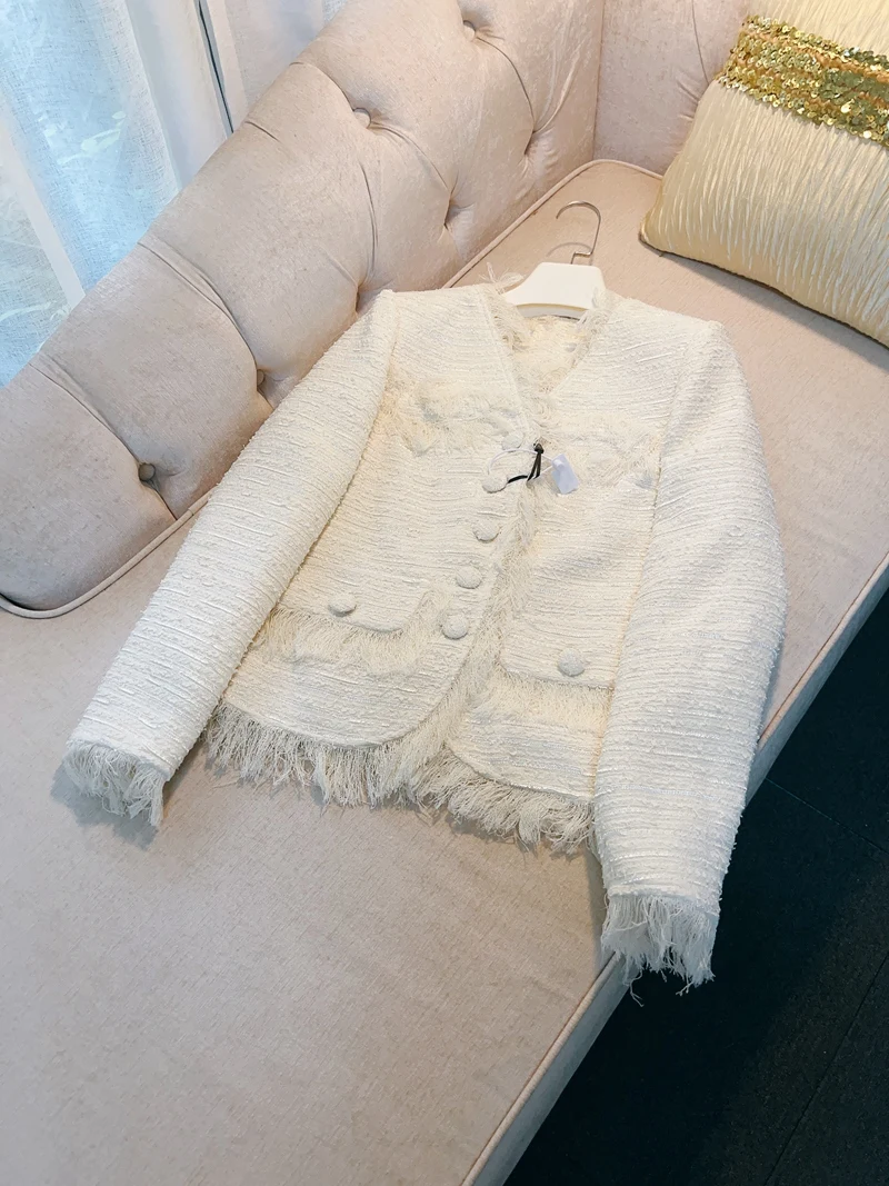 Lingzhi Wu French Design Tassel Unique Top Quality Beautiful White Coat Ladies Spring Autumn Outerwear Tweed Female New Arrival