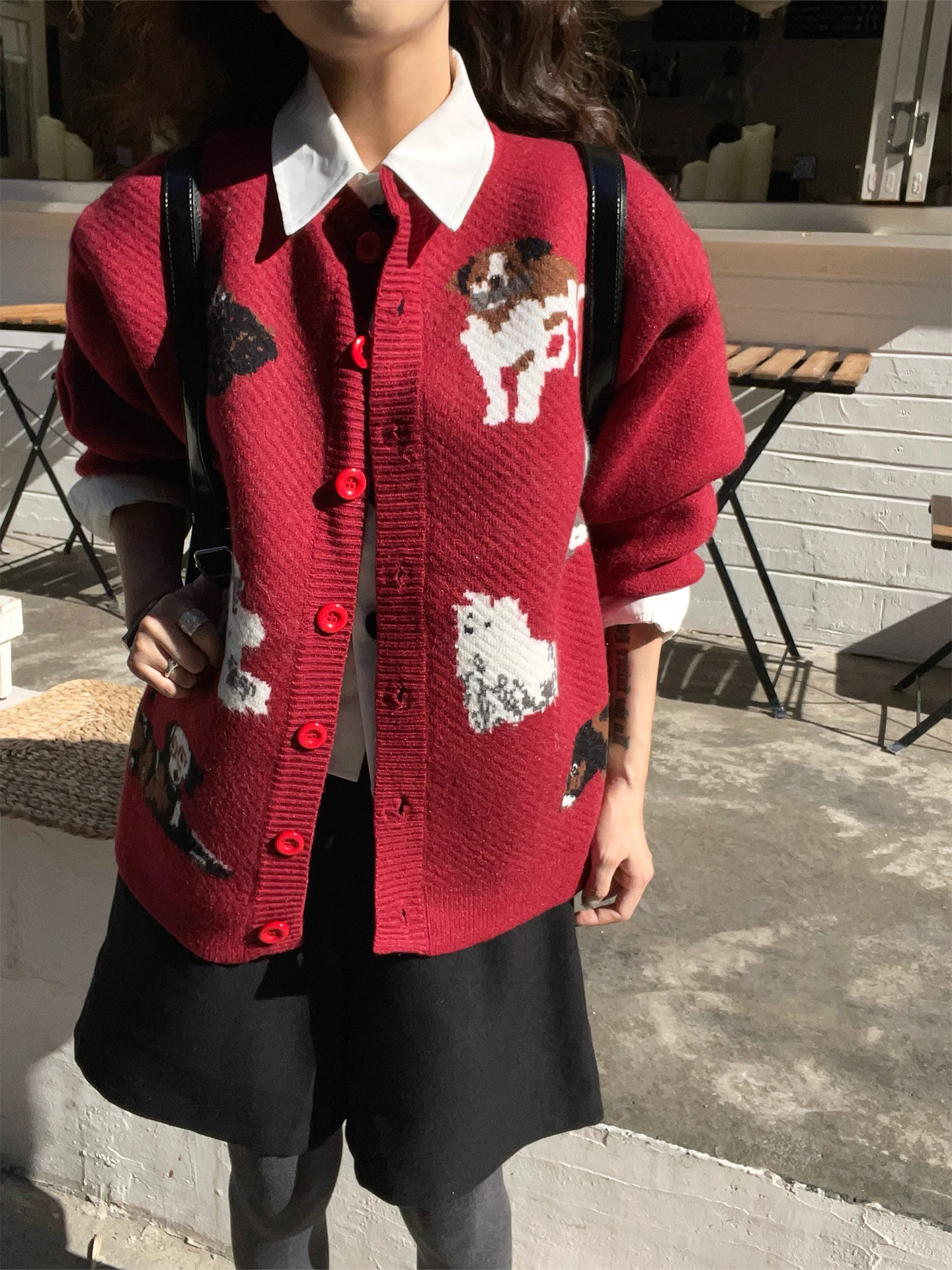 

Red Cartoon Doggie Knitted ortie Cardigan Sweater ex Comfortable Fit Lazy Sle Animal Pattern Long Sve round Ne