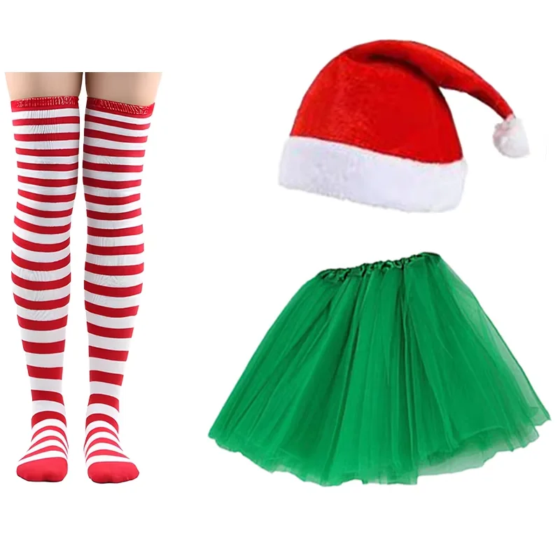 PESENAR Christmas Costume Set Santa Hat Tutu Skirt Striped Tights Glitter Frame Christmas Glasses for Women
