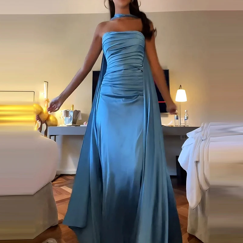 Elegant Strapless Sleeveless Satin Long Dress Sexy Off Shoulder Floating Solid Party Dress Women Fashion Waist Draped Gown Dress