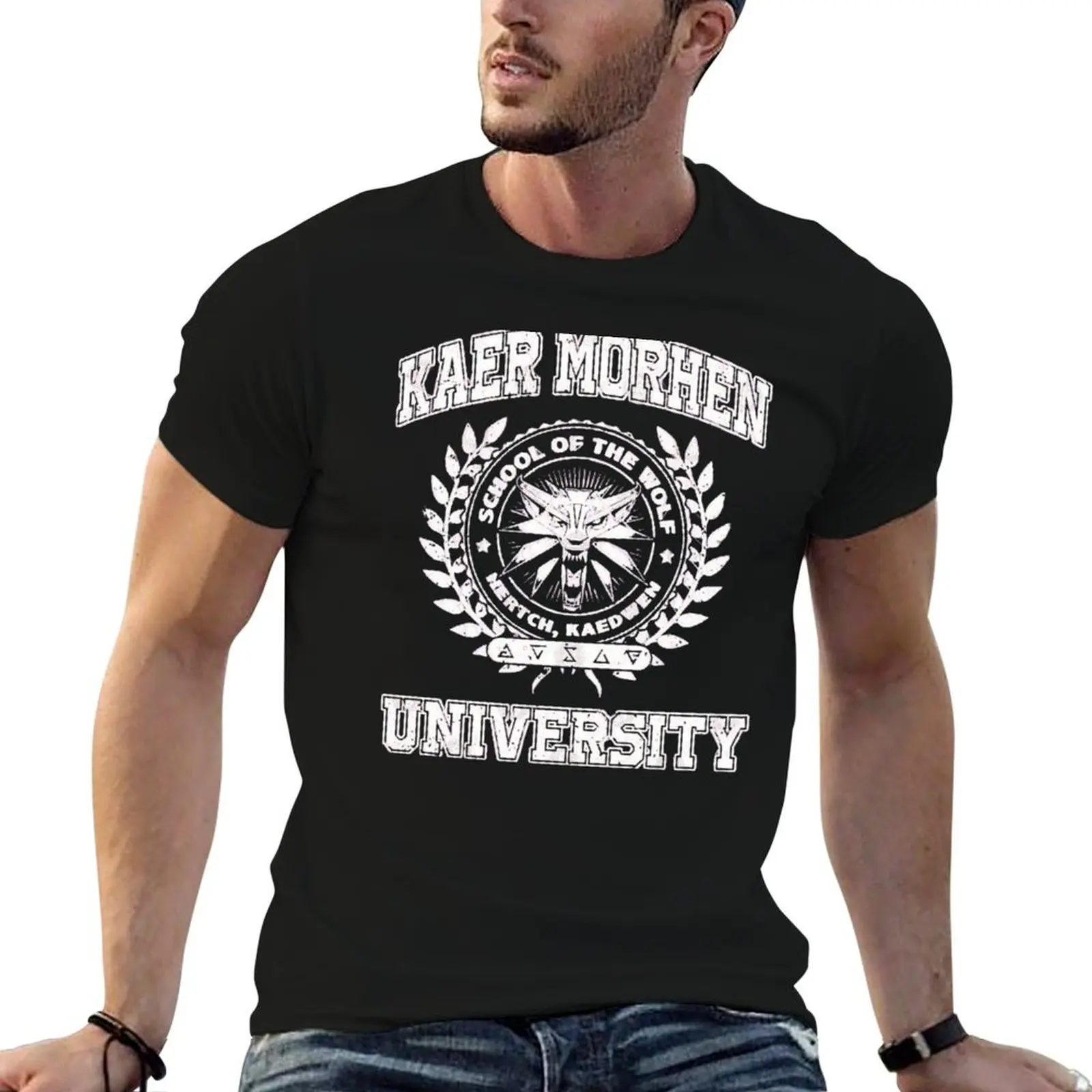 Camiseta masculina da universidade Kaer Morhen, camiseta masculina de marca de luxo de alta qualidade, camiseta gráfica de designer masculino