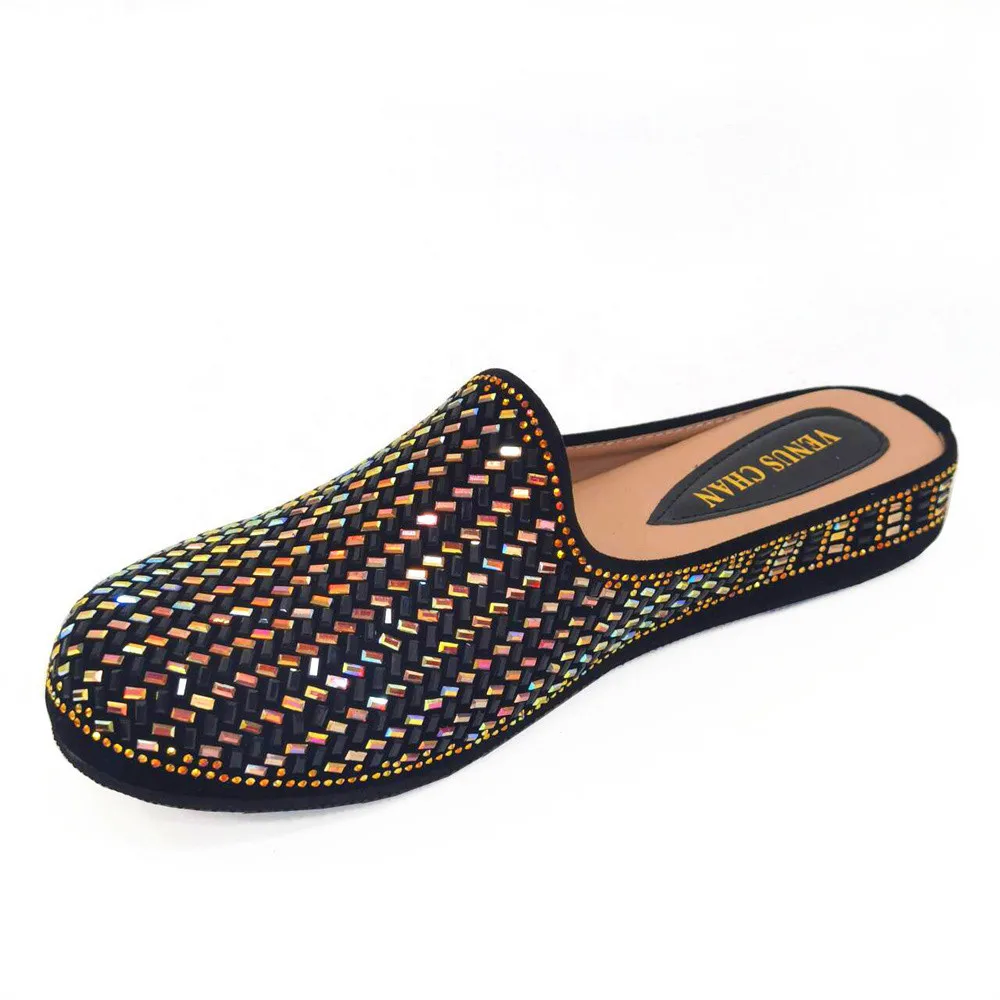 2024 Newest Full Diamonds Baotou Wedding Women's Shoes Nigeria Africa Flat Half Slippers Poly Crystal Design Women's Shoes