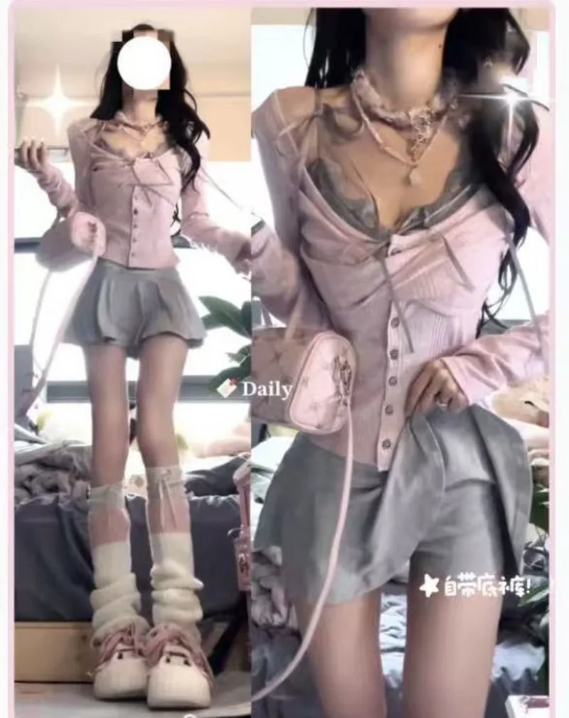 New in Matching Sets 3 Piece Set Korean Style Y2K Skirt Set Two Piece Set Sexy Outfits Women Pink Ladies Outfit Fall Spring view 5